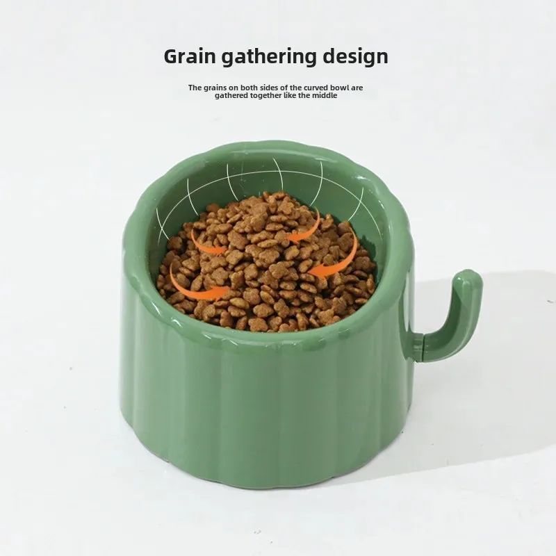KFX-0246077 Solid Color High-Stand Anti-Slip Cat Bowl with Cactus Design for Easy Feeding