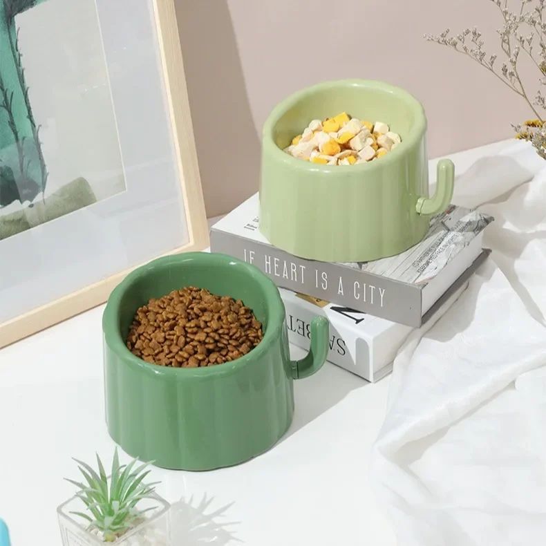 KFX-0246077 Solid Color High-Stand Anti-Slip Cat Bowl with Cactus Design for Easy Feeding