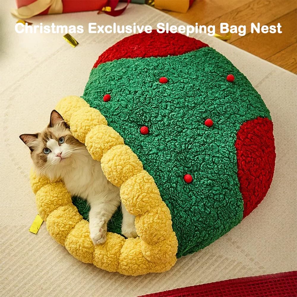 KFX-0249917 Cozy Christmas Sock Shaped Cat Nest and Sleeping Bag for Small Pets