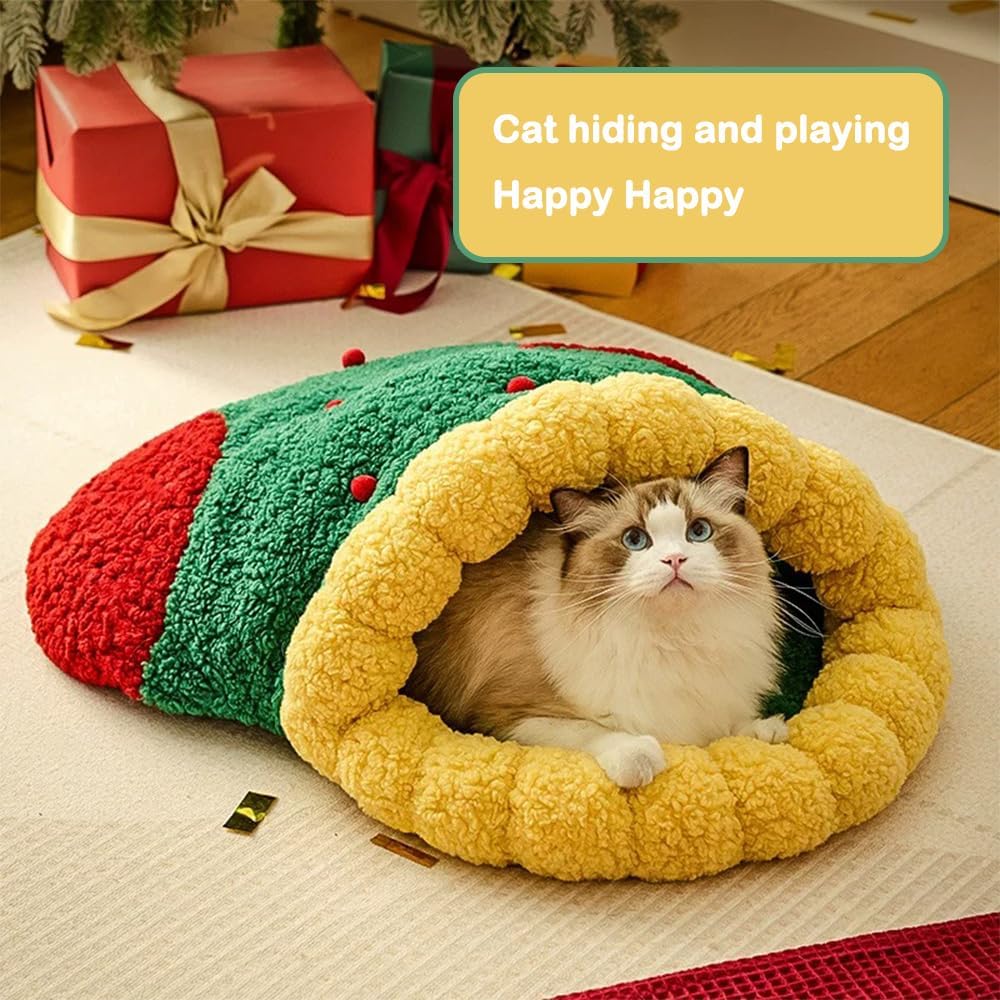 KFX-0249917 Cozy Christmas Sock Shaped Cat Nest and Sleeping Bag for Small Pets