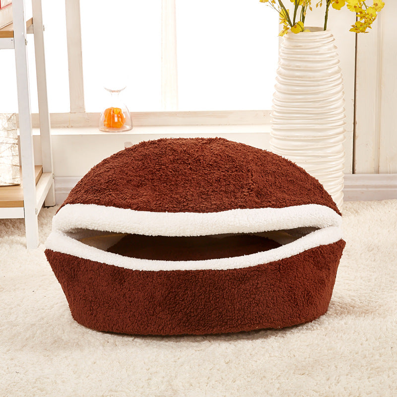 KFX-0251709 Removable Cat Litter Dog Kennel Nest - Cozy Hamburger Shell in Dark Coffee, Beige, Pink