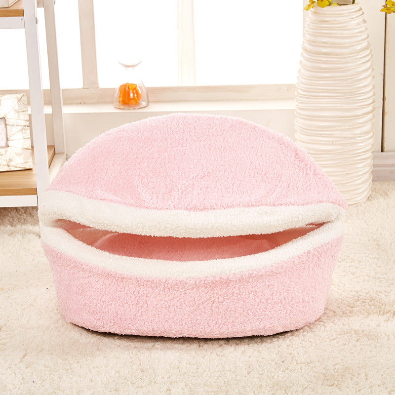 KFX-0251709 Removable Cat Litter Dog Kennel Nest - Cozy Hamburger Shell in Dark Coffee, Beige, Pink