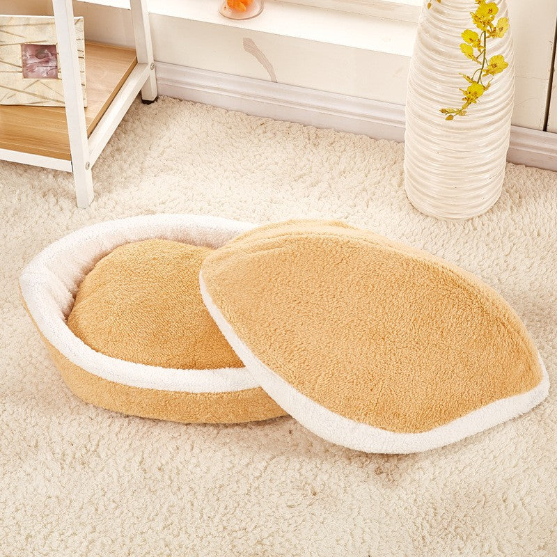 KFX-0251709 Removable Cat Litter Dog Kennel Nest - Cozy Hamburger Shell in Dark Coffee, Beige, Pink