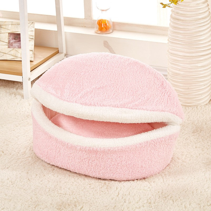 KFX-0251709 Removable Cat Litter Dog Kennel Nest - Cozy Hamburger Shell in Dark Coffee, Beige, Pink