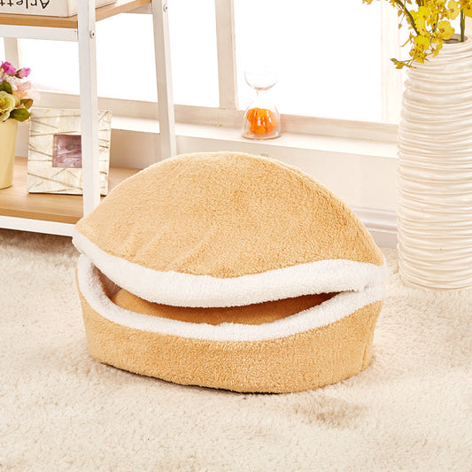 KFX-0251709 Removable Cat Litter Dog Kennel Nest - Cozy Hamburger Shell in Dark Coffee, Beige, Pink