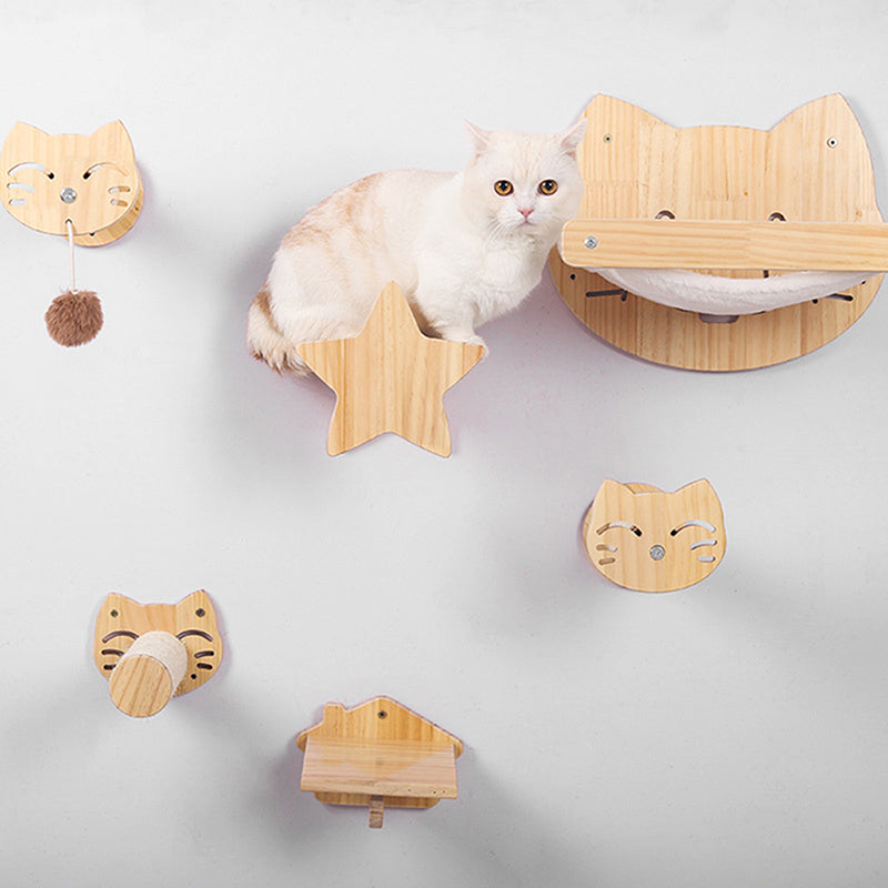 KFX-0260669 Pine Solid Wood Cat Wall Climbing Frame with Multi-Layer Platforms and Scratch-Resistant Hemp Rope