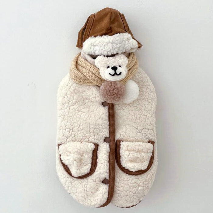 KFX-0261821 Thickened Cotton Pet Coat for Dogs and Cats with Scarf Options in Yellow, Off-white, and Floral Designs