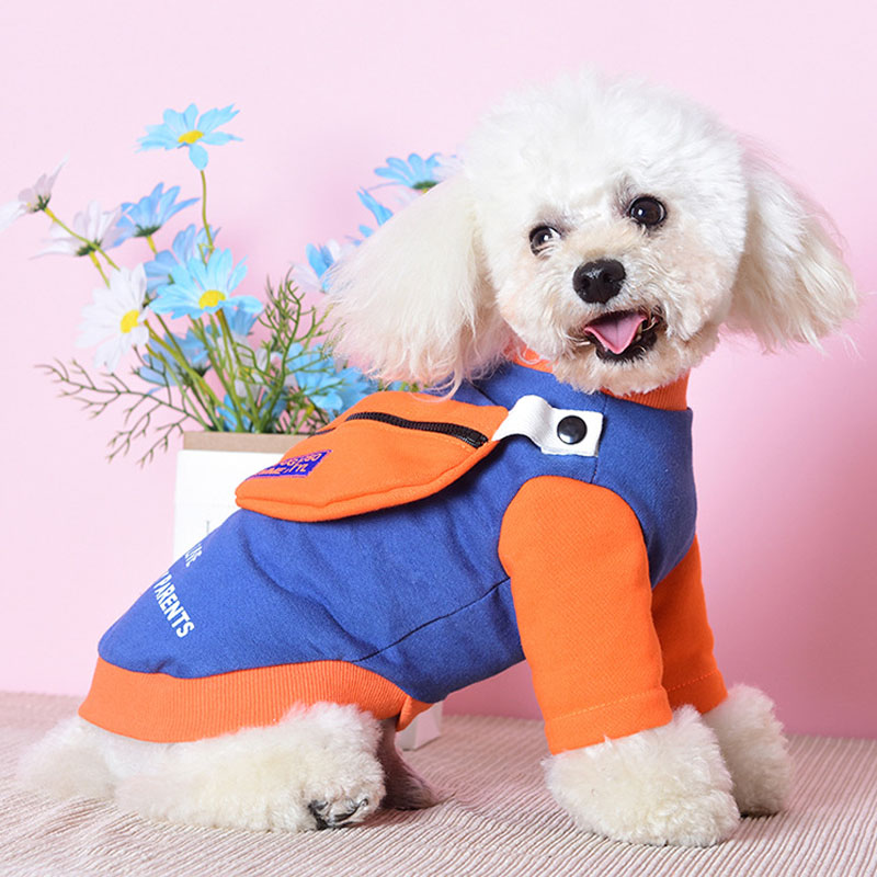KFX-0262461 Casual Two-Legged Small Dog Sweater with Detachable School Bag in Black and Blue