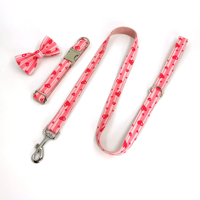 KFX-0268989 Sweetheart Pink Heart Print Pet Collar and Leash Set with Bow