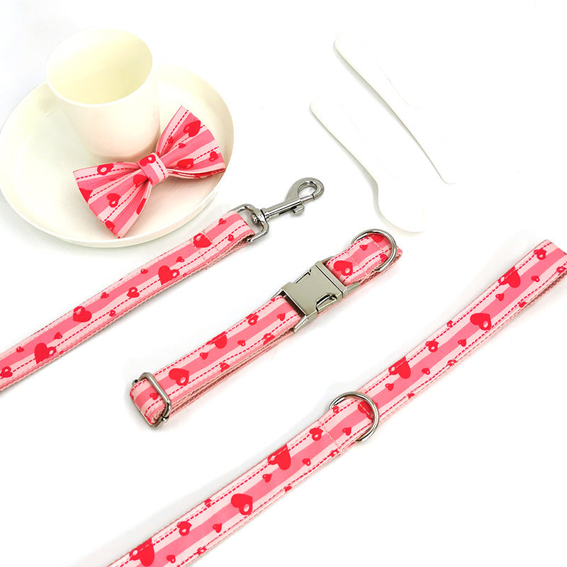KFX-0268989 Sweetheart Pink Heart Print Pet Collar and Leash Set with Bow