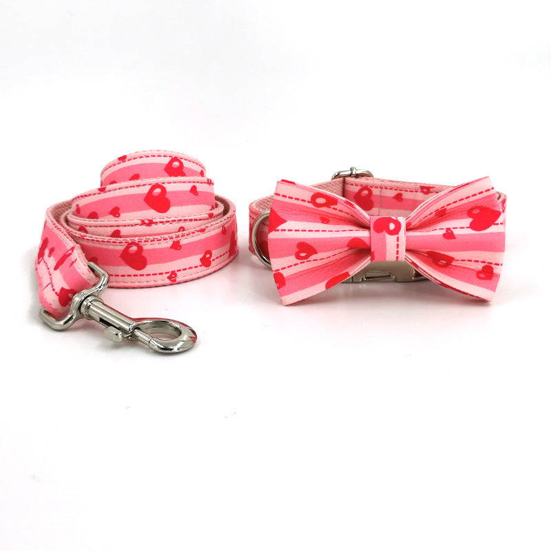 KFX-0268989 Sweetheart Pink Heart Print Pet Collar and Leash Set with Bow