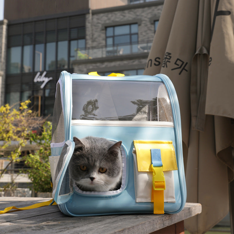 KFX-0269373 Transparent Portable Backpack for Cats - Breathable PVC Travel Bag in Orange and Blue