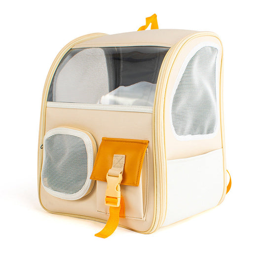 KFX-0269373 Transparent Portable Backpack for Cats - Breathable PVC Travel Bag in Orange and Blue