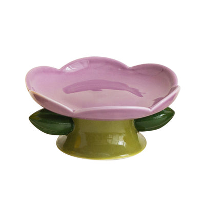 KFX-0273085 Ceramic Cat Bowl with Flower Design and Silicone Pad Options