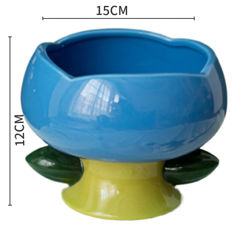 KFX-0273085 Ceramic Cat Bowl with Flower Design and Silicone Pad Options