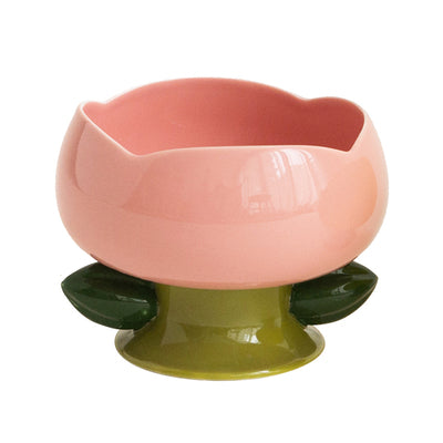 KFX-0273085 Ceramic Cat Bowl with Flower Design and Silicone Pad Options