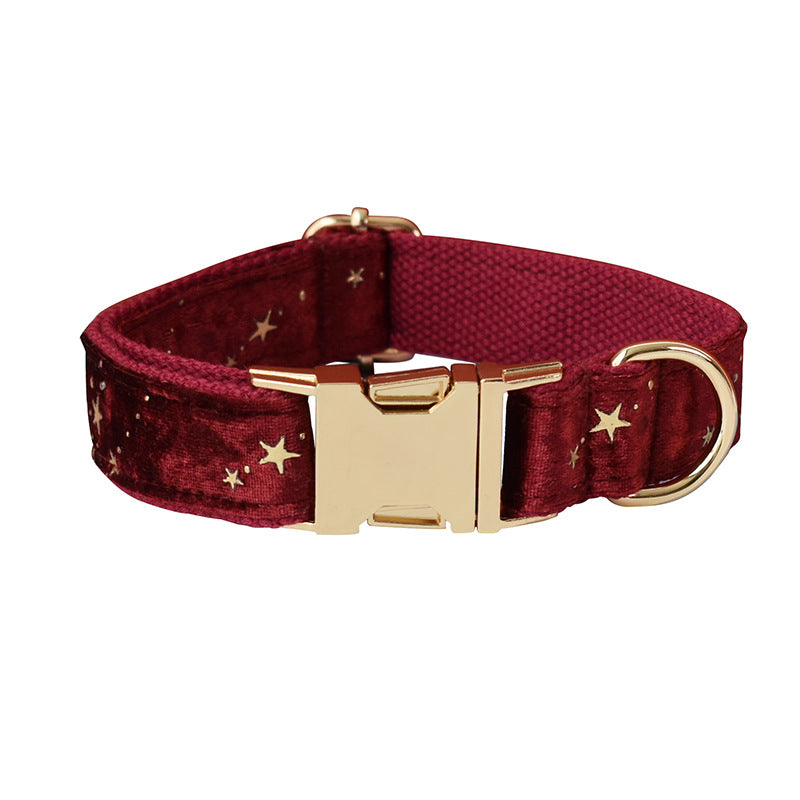 KFX-0274877 Burgundy Star Flannel Dog Collar, Leash, and Bow Tie Set