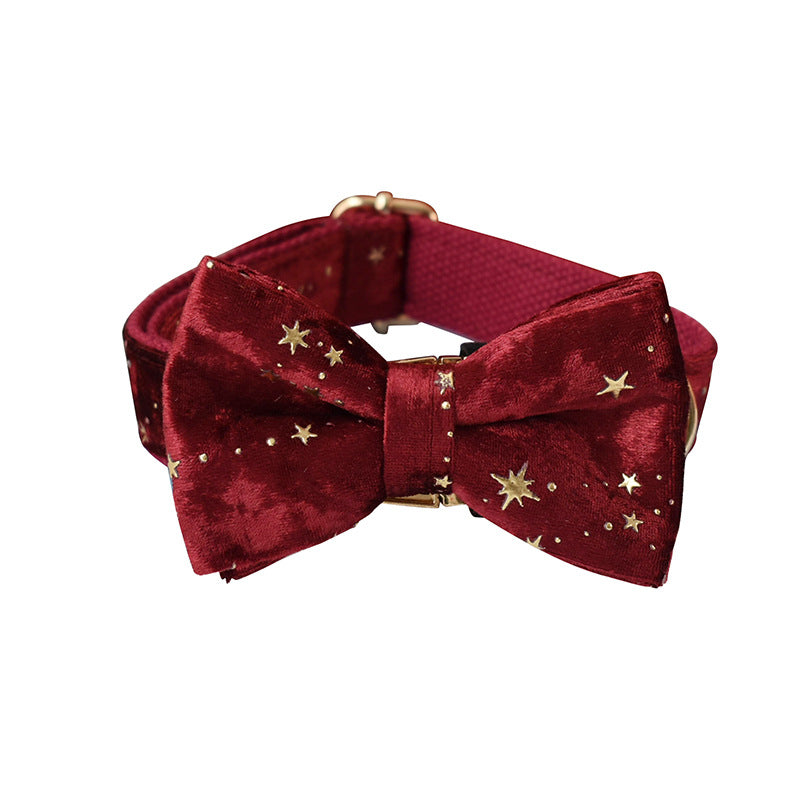 KFX-0274877 Burgundy Star Flannel Dog Collar, Leash, and Bow Tie Set