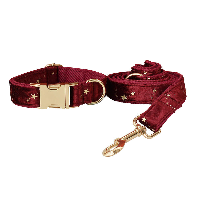 KFX-0274877 Burgundy Star Flannel Dog Collar, Leash, and Bow Tie Set