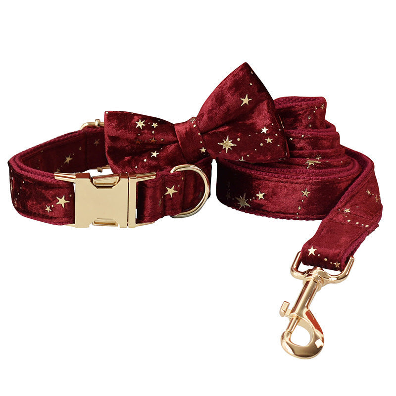 KFX-0274877 Burgundy Star Flannel Dog Collar, Leash, and Bow Tie Set