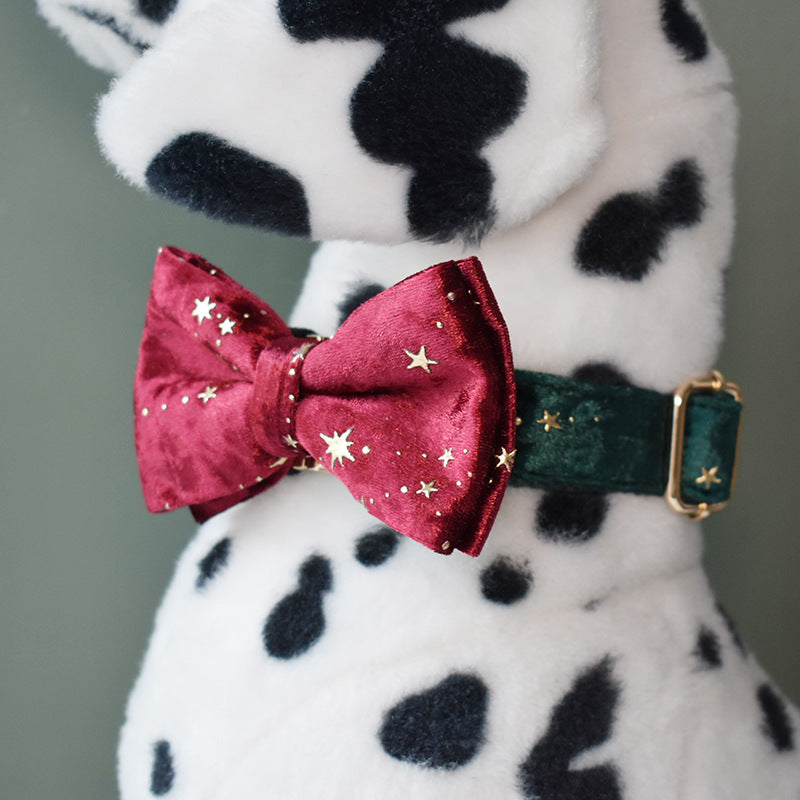 KFX-0274877 Burgundy Star Flannel Dog Collar, Leash, and Bow Tie Set