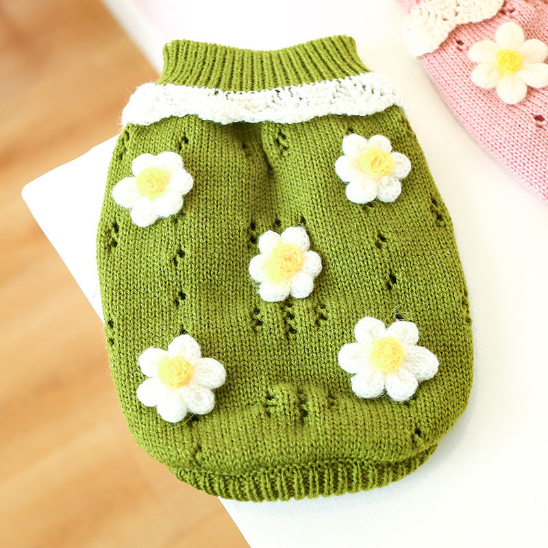 KFX-0276669 Warm and Comfortable Acrylic Sweater for Cats and Dogs - Jacquard Flower Design in Pink and Green