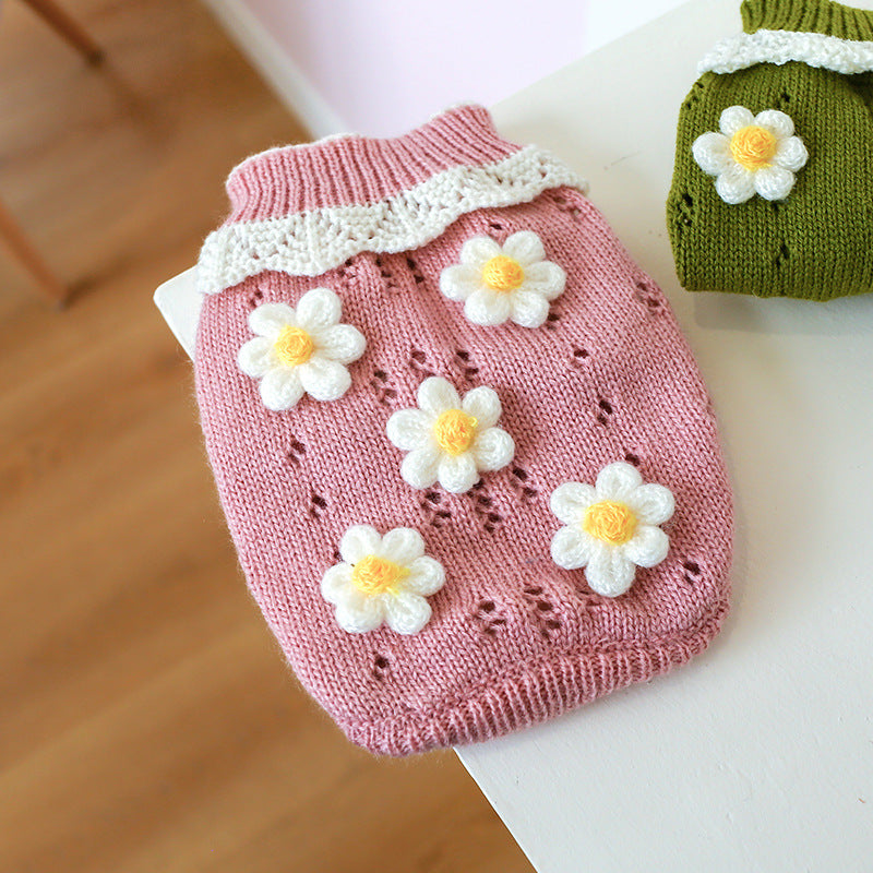 KFX-0276669 Warm and Comfortable Acrylic Sweater for Cats and Dogs - Jacquard Flower Design in Pink and Green