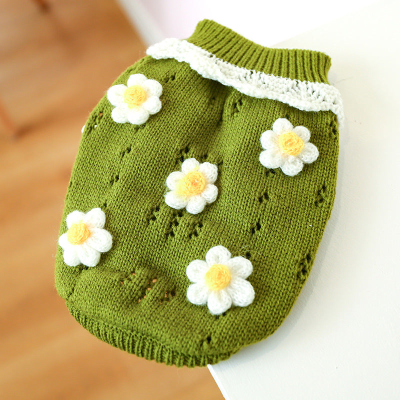 KFX-0276669 Warm and Comfortable Acrylic Sweater for Cats and Dogs - Jacquard Flower Design in Pink and Green
