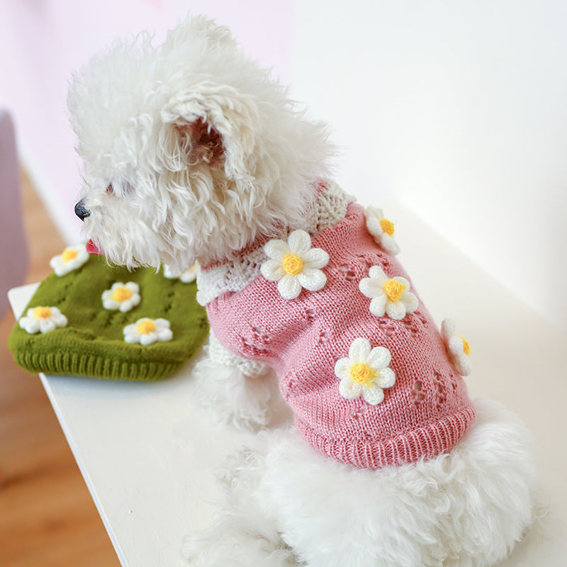 KFX-0276669 Warm and Comfortable Acrylic Sweater for Cats and Dogs - Jacquard Flower Design in Pink and Green