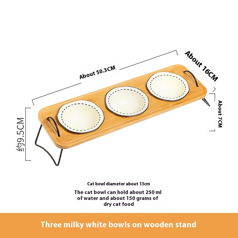 KFX-0278845 Multi-functional Ceramic Cat Bowl with Wooden Rack – Anti-tumble and Easy to Clean