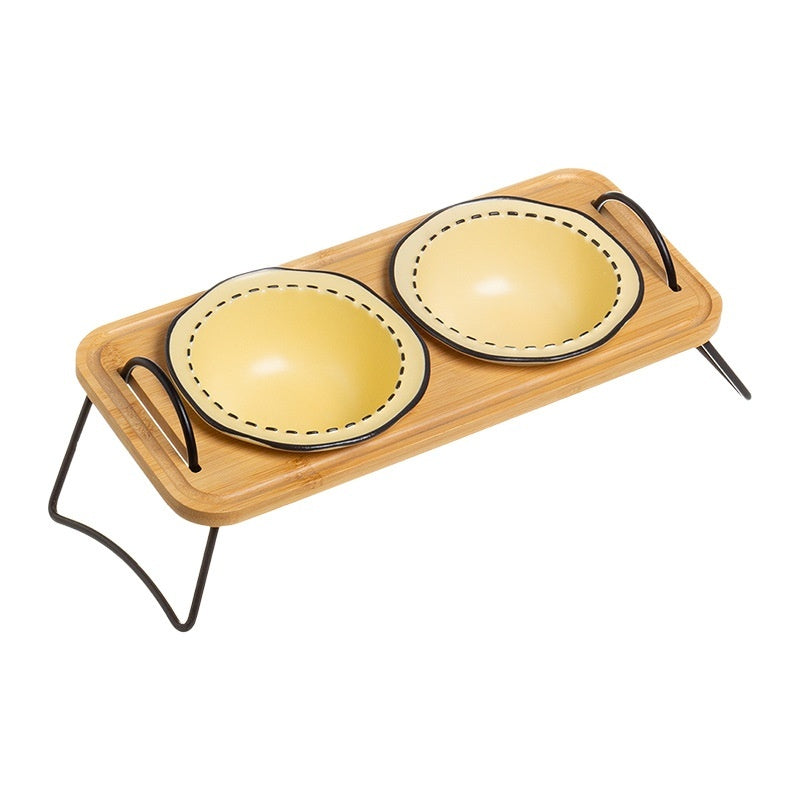 KFX-0278845 Multi-functional Ceramic Cat Bowl with Wooden Rack – Anti-tumble and Easy to Clean