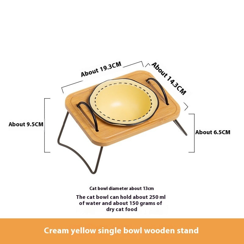 KFX-0278845 Multi-functional Ceramic Cat Bowl with Wooden Rack – Anti-tumble and Easy to Clean
