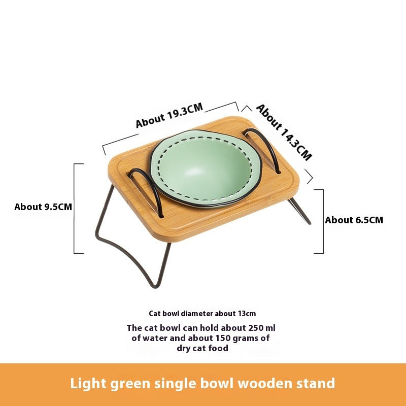 KFX-0278845 Multi-functional Ceramic Cat Bowl with Wooden Rack – Anti-tumble and Easy to Clean
