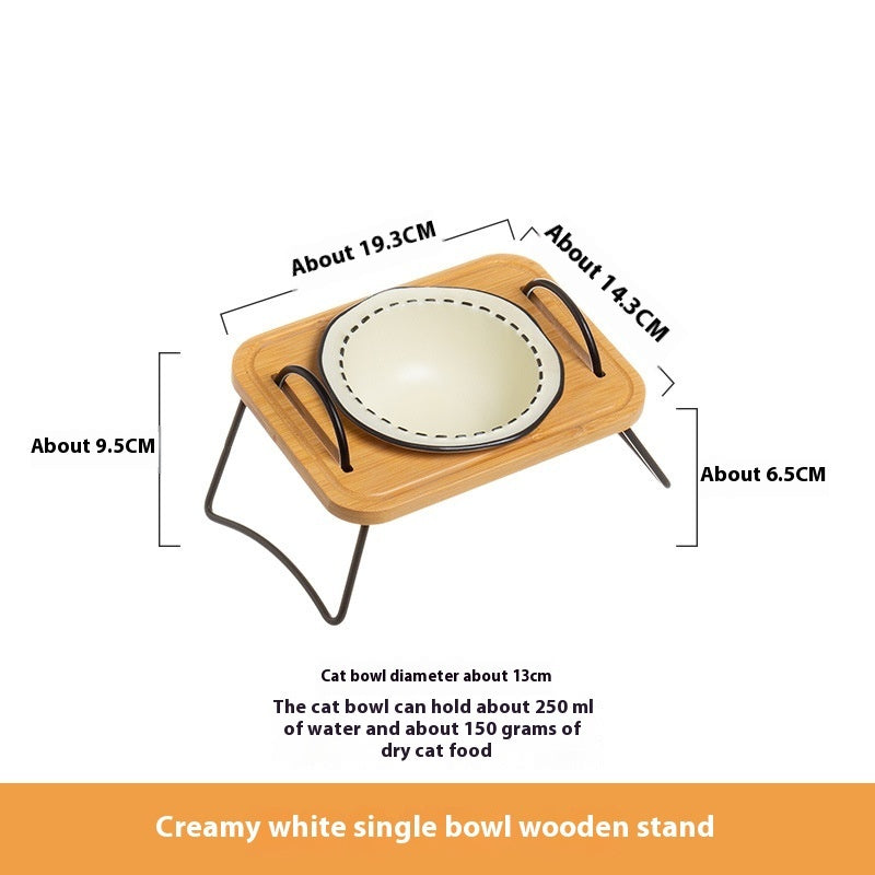 KFX-0278845 Multi-functional Ceramic Cat Bowl with Wooden Rack – Anti-tumble and Easy to Clean