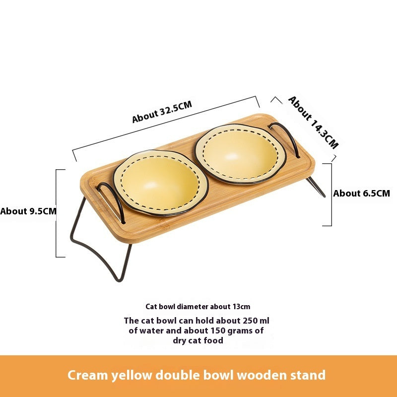 KFX-0278845 Multi-functional Ceramic Cat Bowl with Wooden Rack – Anti-tumble and Easy to Clean