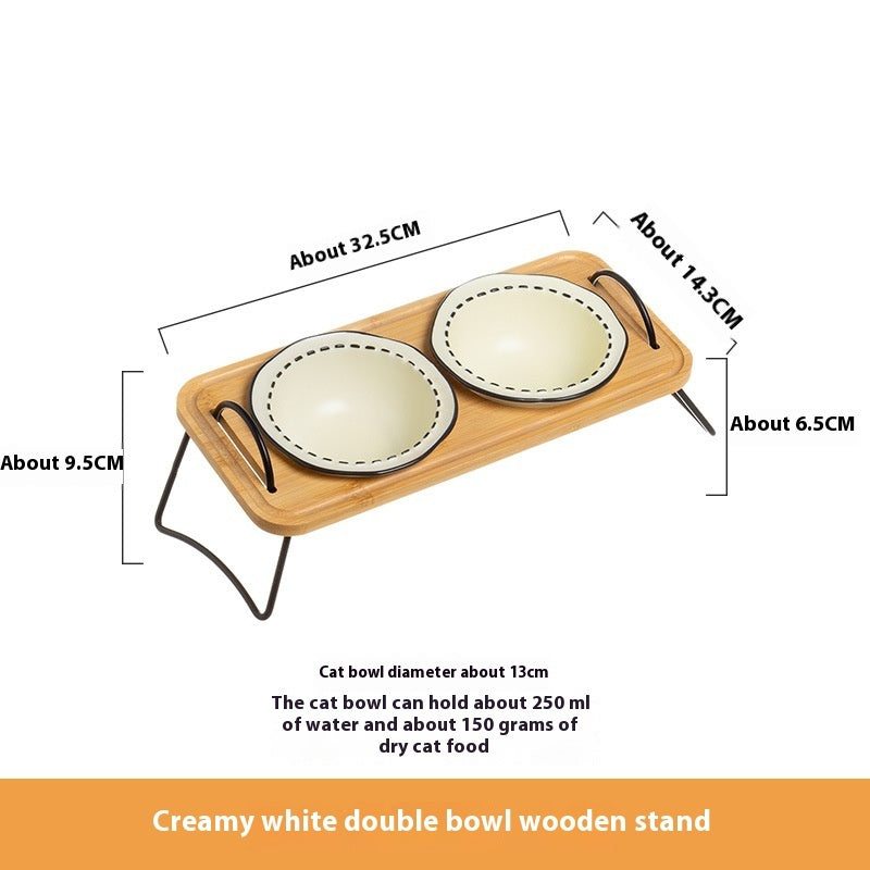 KFX-0278845 Multi-functional Ceramic Cat Bowl with Wooden Rack – Anti-tumble and Easy to Clean