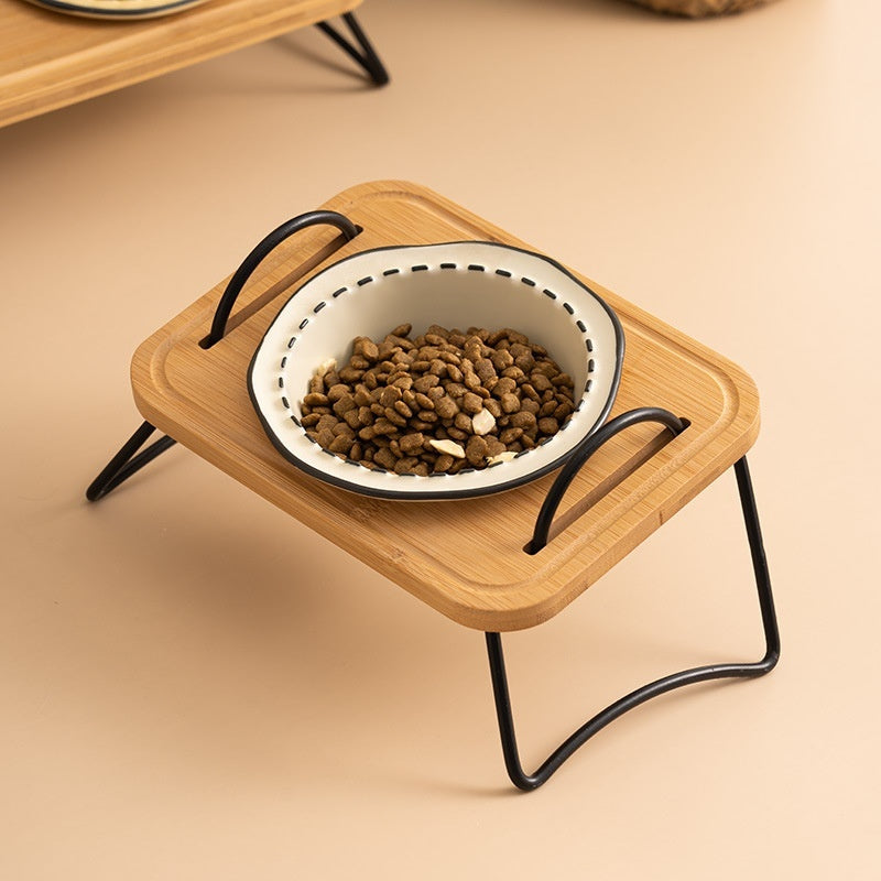 KFX-0278845 Multi-functional Ceramic Cat Bowl with Wooden Rack – Anti-tumble and Easy to Clean