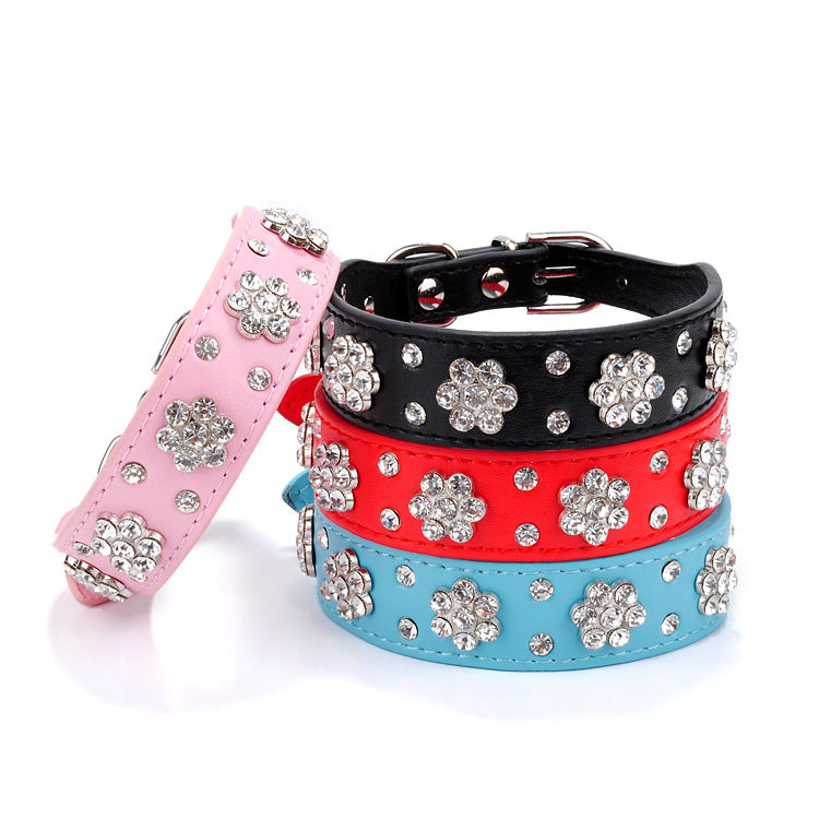 KFX-0280637 Rhinestone Dog Collar in Blue, Black, Red, and Pink - PU Material, Sizes XS to M