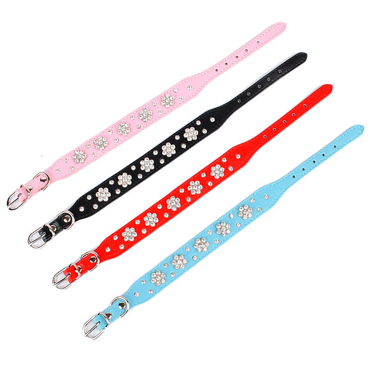 KFX-0280637 Rhinestone Dog Collar in Blue, Black, Red, and Pink - PU Material, Sizes XS to M