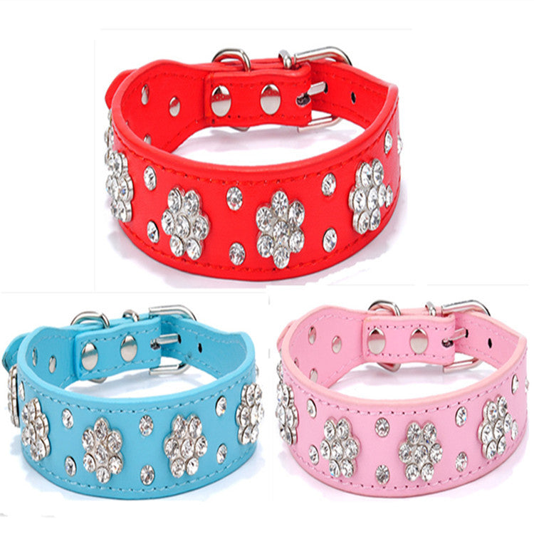 KFX-0280637 Rhinestone Dog Collar in Blue, Black, Red, and Pink - PU Material, Sizes XS to M