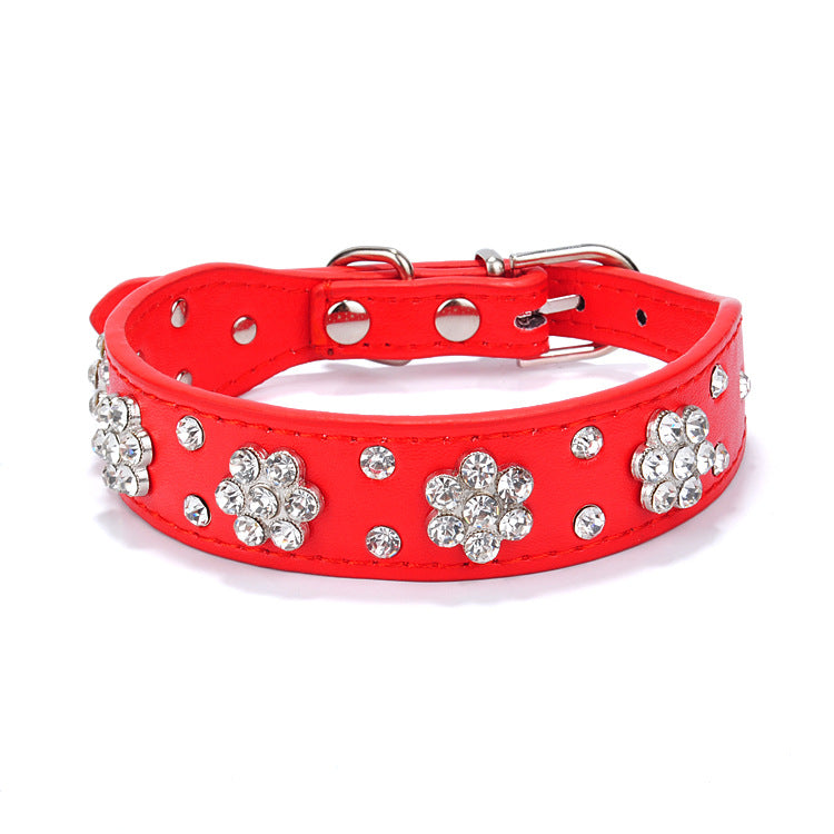 KFX-0280637 Rhinestone Dog Collar in Blue, Black, Red, and Pink - PU Material, Sizes XS to M