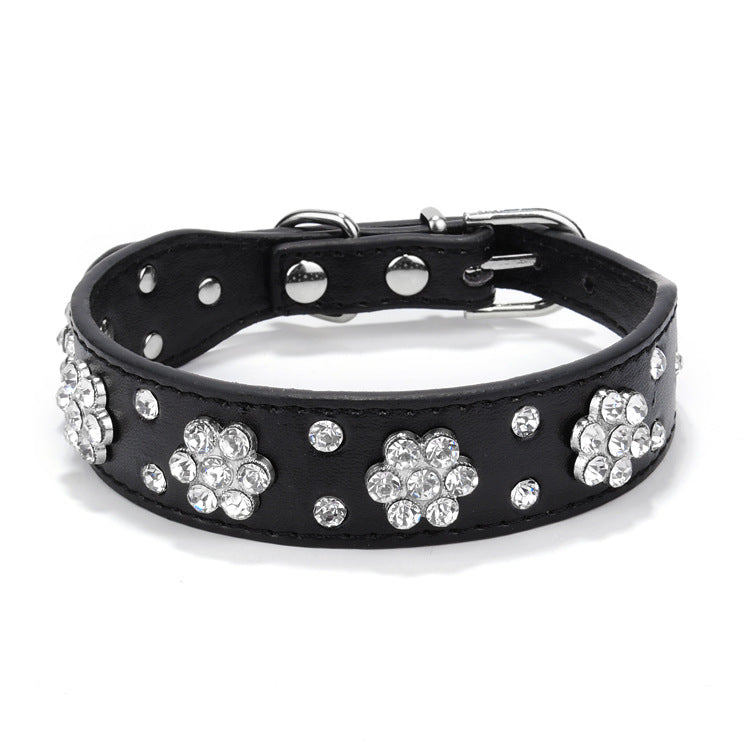 KFX-0280637 Rhinestone Dog Collar in Blue, Black, Red, and Pink - PU Material, Sizes XS to M