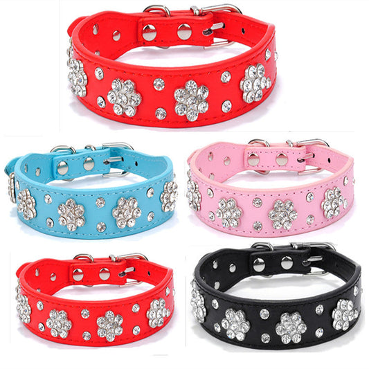 KFX-0280637 Rhinestone Dog Collar in Blue, Black, Red, and Pink - PU Material, Sizes XS to M