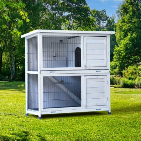 KFX-0288061 Spacious 2-Story Rabbit Hutch with Removable No-Leak Trays and Non-Slip Ramp for Small Animals