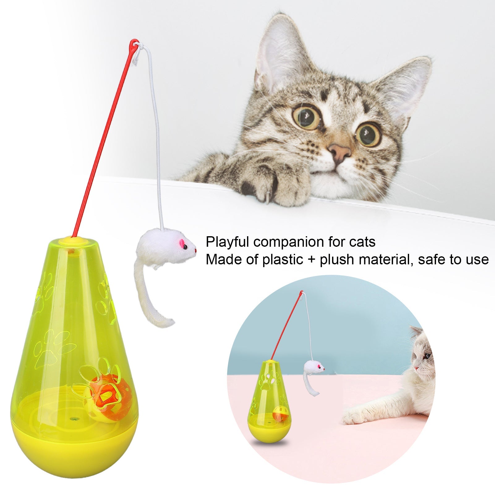 KFX-0291645 Interactive Cat Toy with Built-In Bell Ball and Plush Mouse Stick for Indoor Cats and Kittens