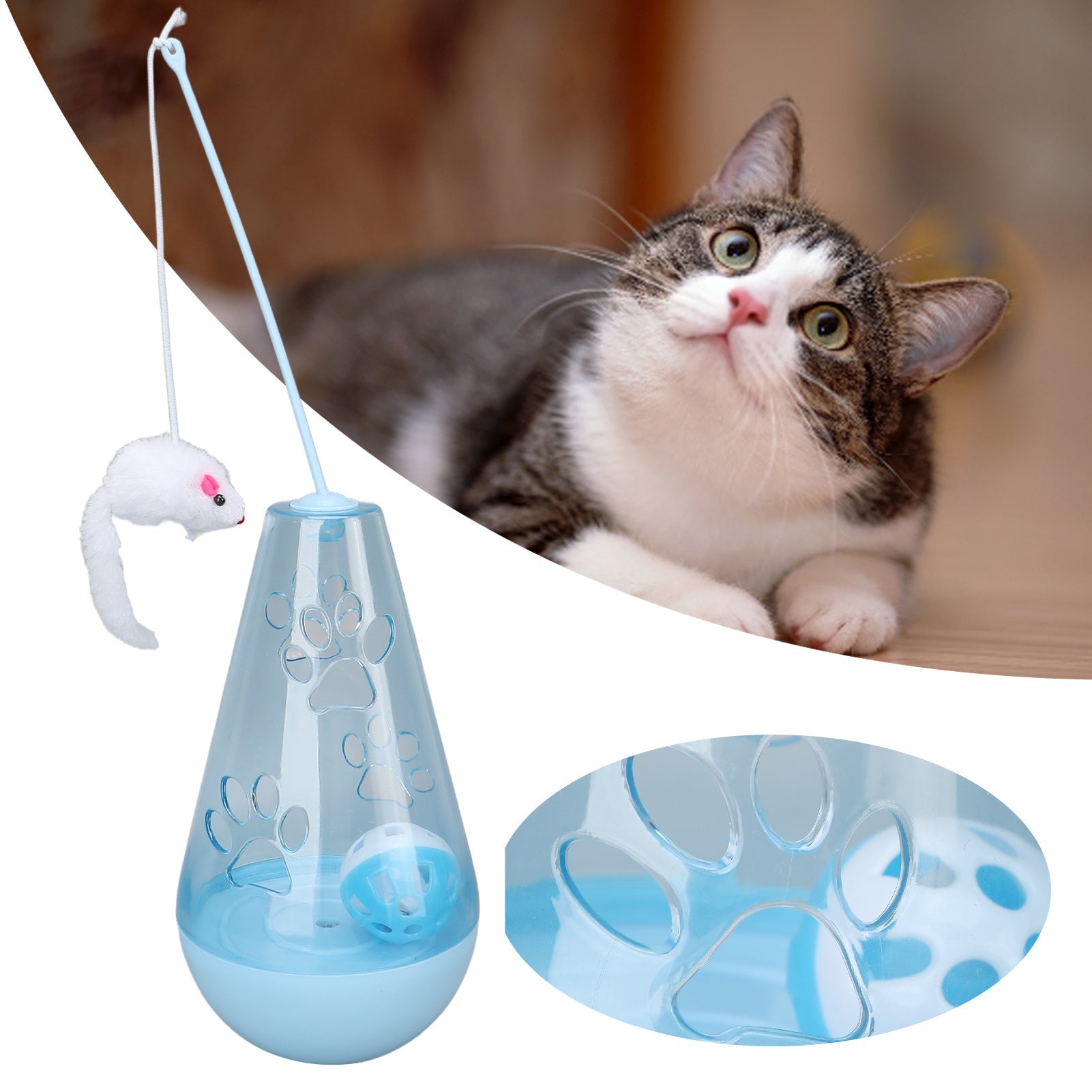 KFX-0291645 Interactive Cat Toy with Built-In Bell Ball and Plush Mouse Stick for Indoor Cats and Kittens