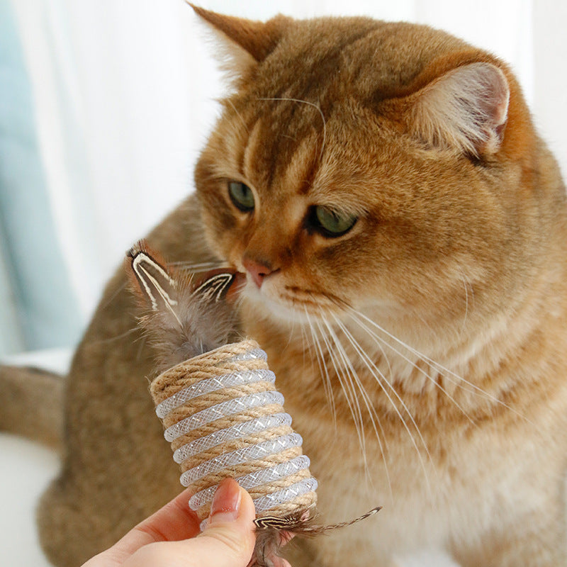 KFX-0291773 Durable Cat Toy with Feather and Hemp Rope for Scratching and Claw Grinding