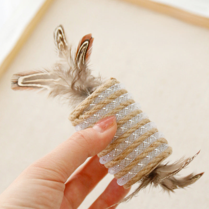 KFX-0291773 Durable Cat Toy with Feather and Hemp Rope for Scratching and Claw Grinding