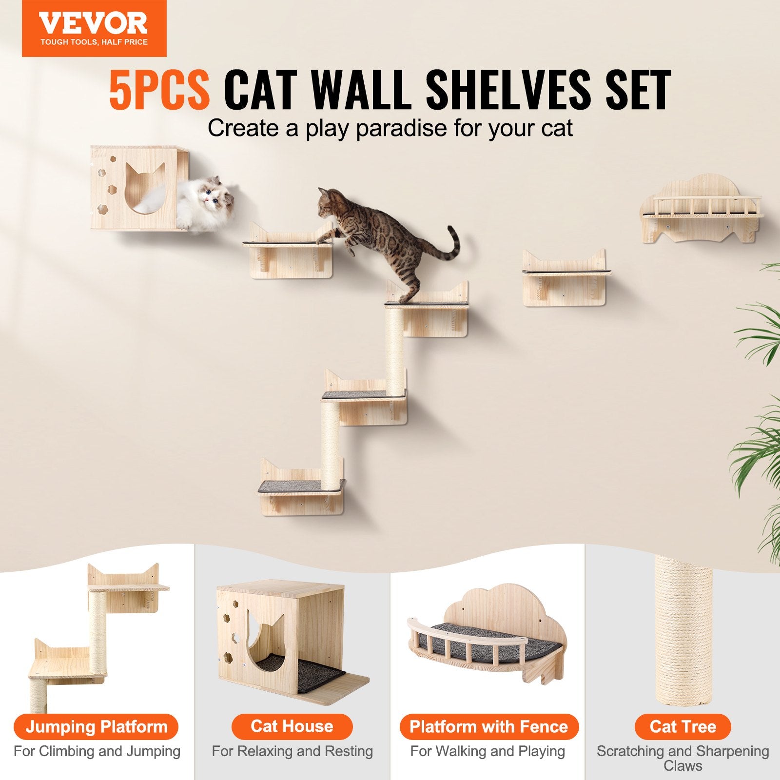 KFX-0293437 Wall Mounted Cat Furniture Set with Jumping Boards, Nest, and Tree for Climbing and Playing