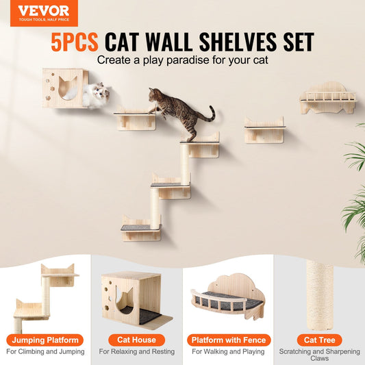 KFX-0293437 Wall Mounted Cat Furniture Set with Jumping Boards, Nest, and Tree for Climbing and Playing
